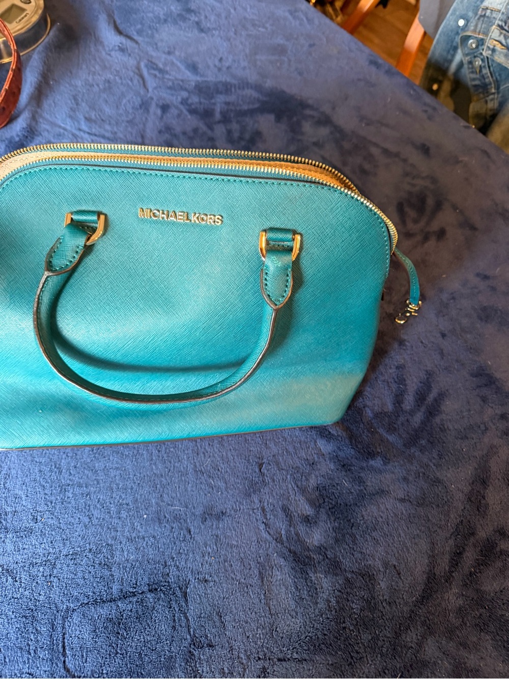 Michael Kors Teal Saffiano Dome Satchel with Gold Hardware